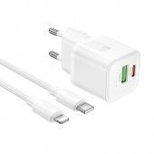 Сетевое зарядное устройство Hoco N65 (QC3.0 +PD20W с кабелем Ligthing- Type-C)  цвет: белый 