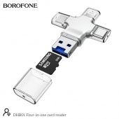 Картридер 4 в 1 Borofone DHB01 (USB+Type-C+Micro+Lightning, microSD-слот) цвет:серебро