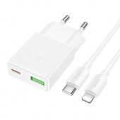 Сетевое зарядное устройство Hoco N73 ультратонкий (QC3.0 +PD20W с кабелем Lightning- Type-C) цвет: белый 