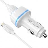 Автомобильное ЗУ BOROFONE BZ14 (2USB: 5V/2.4A с подсветкой+кабель Lightning ) цвет: белый