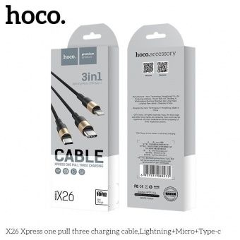 Дата-кабель Hoco X26 3 в 1 lightning+Micro+Type-c (1.0 м.,нейлон, 2A) цвет: черный-золото