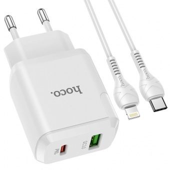 Сетевое зарядное устройство Hoco N5 (1USB QC3.0 +1USB-C +кабель Type-C to Lightning) цвет: белый