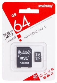 Micro SDXC карта памяти 64GB Class 10 Smartbuy UHS-1  (с адаптером SD)